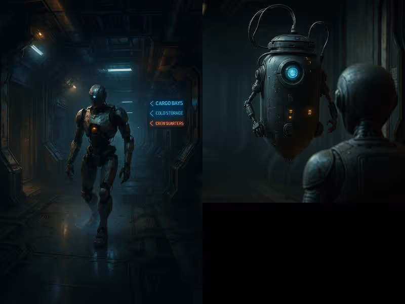 Two futuristic robots in a dimly lit industrial corridor, one walking toward illuminated directional signs and the other facing a floating, cylindrical robot with a blue eye.