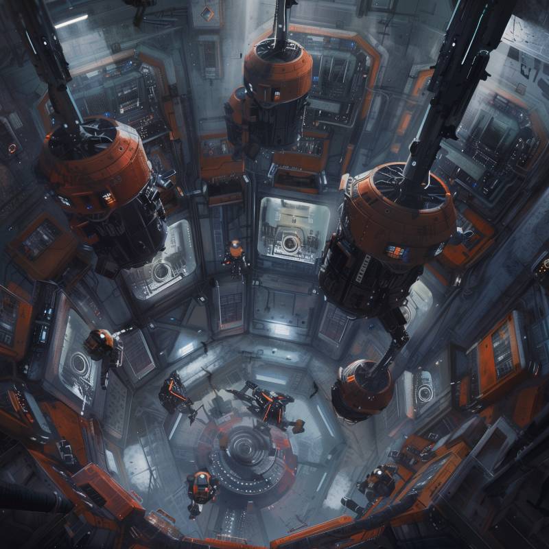 Interior view of a futuristic industrial chamber with multiple suspended orange and black robotic devices and panels surrounding a central cylindrical structure.