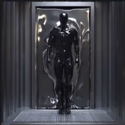 Glossy black humanoid figure standing in a dark, metallic, futuristic chamber with textured walls.