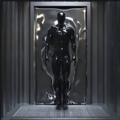 Glossy black humanoid figure standing in a dark, metallic, futuristic chamber with textured walls.