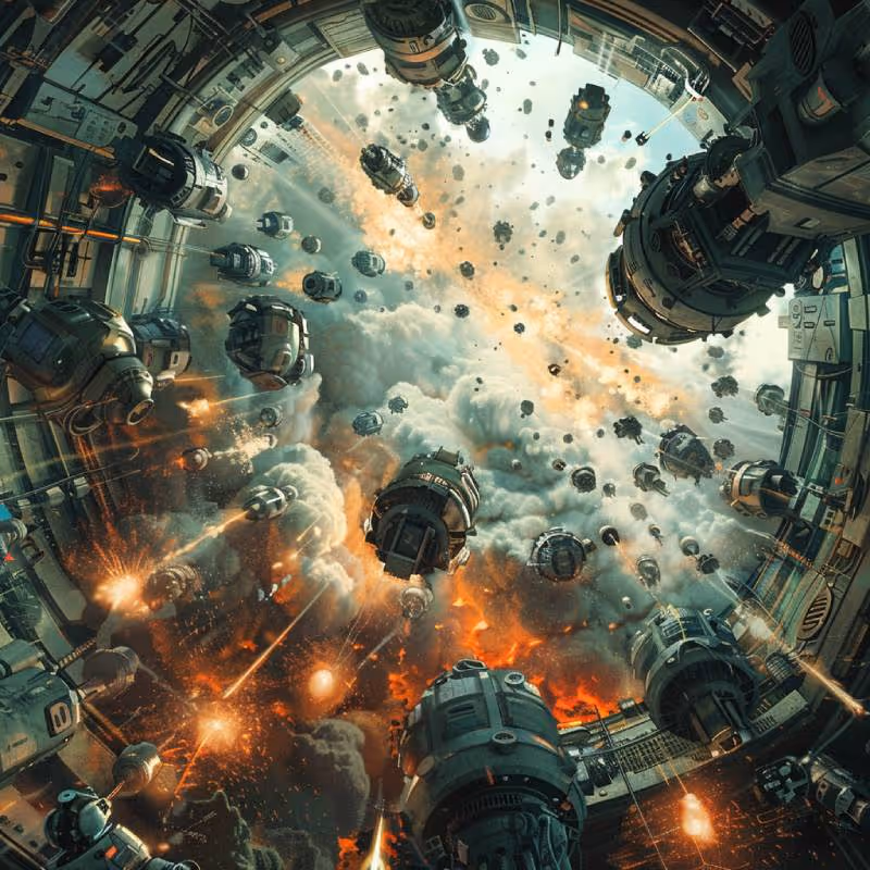 View inside a large circular space station or spaceship with numerous smaller spacecraft or drones flying outward through smoke and explosions.