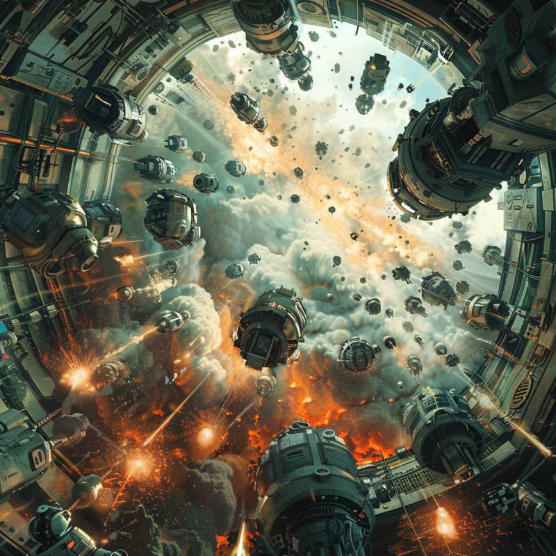 View inside a large circular space station or spaceship with numerous smaller spacecraft or drones flying outward through smoke and explosions.