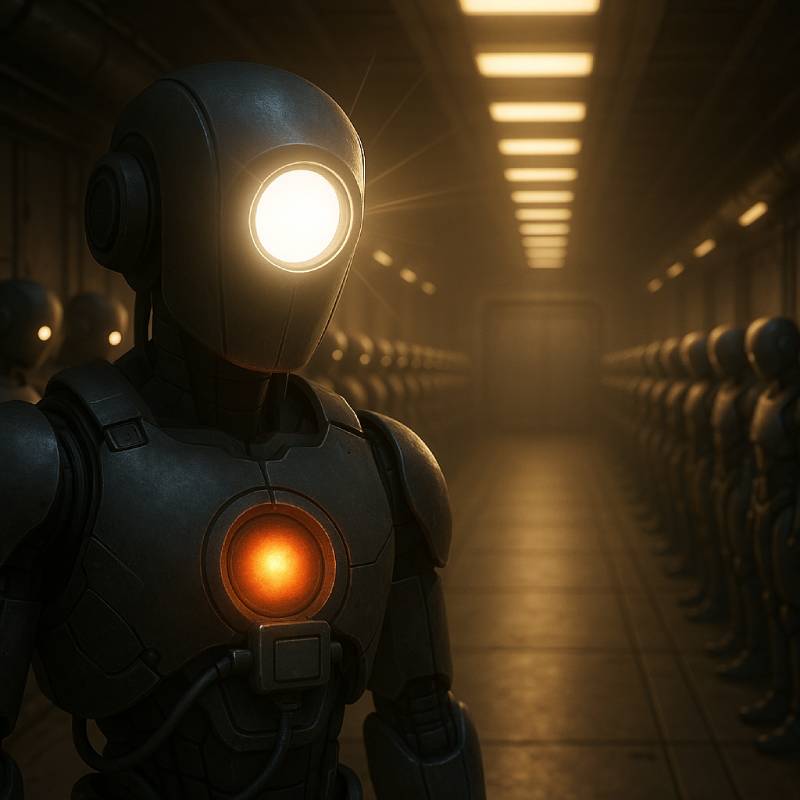 A humanoid robot with a glowing circular light on its head and chest standing in a dimly lit corridor lined with similar robots.