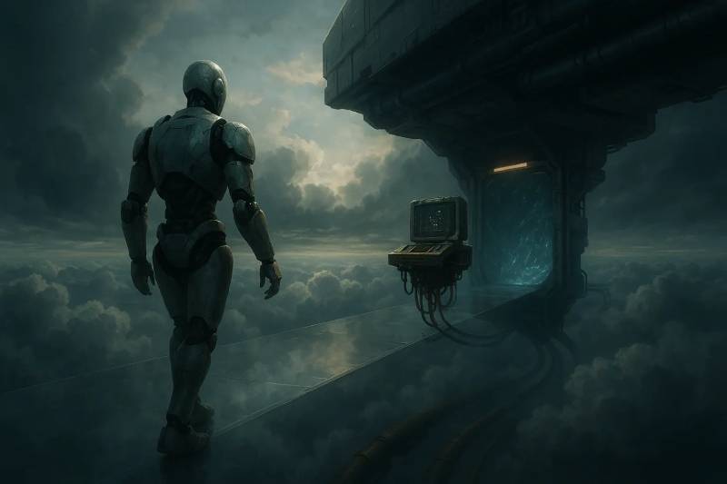 Robot walking on a reflective platform above clouds towards a futuristic doorway with a glowing blue portal and a control panel.