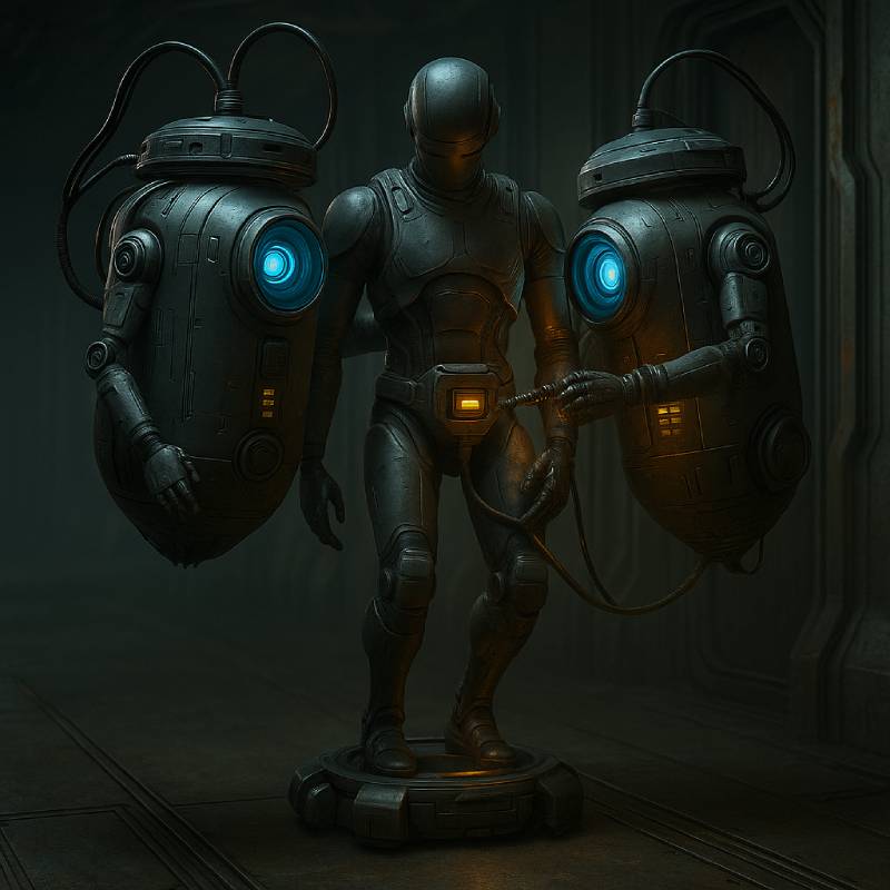 Dark futuristic scene with a humanoid robot standing on a circular platform, flanked by two floating drones with glowing blue lenses and cables connected to the robot.
