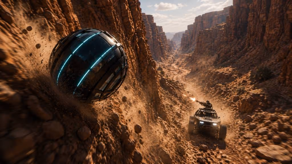 Futuristic armored vehicle fires weapon while chasing glowing spherical drone in rocky canyon.
