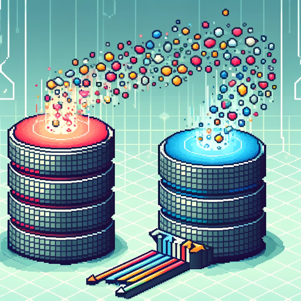 Create a pixel art style technical illustration of how change data capture works. Include two databases represented as pixelated blocks, one larger than the other. The larger block symbolizes the source database and is filled with tiny, colorful pixel dots representing data. A stream of these pixel dots flows towards the smaller block, symbolizing the target database, indicating the transfer of data changes. Highlight the data stream with arrows or a flowing effect to emphasize movement. Add a background that suggests a digital or technological environment, using a grid or abstract digital patterns, all in pixel art style.