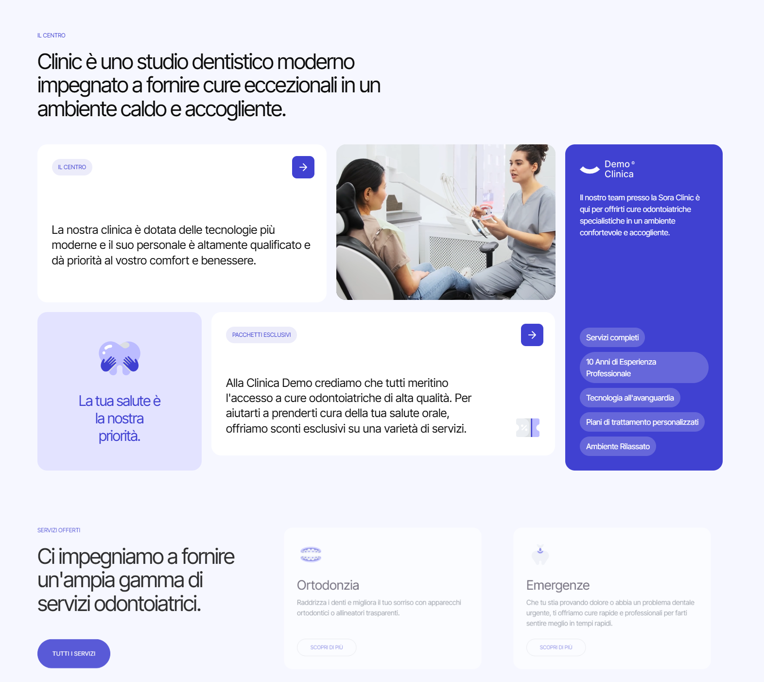 Pagina di presentazione di una clinica dentistica moderna con testo descrittivo, immagine di un dentista che mostra un modello a una paziente, e sezioni sui servizi offerti come ortodonzia ed emergenze.