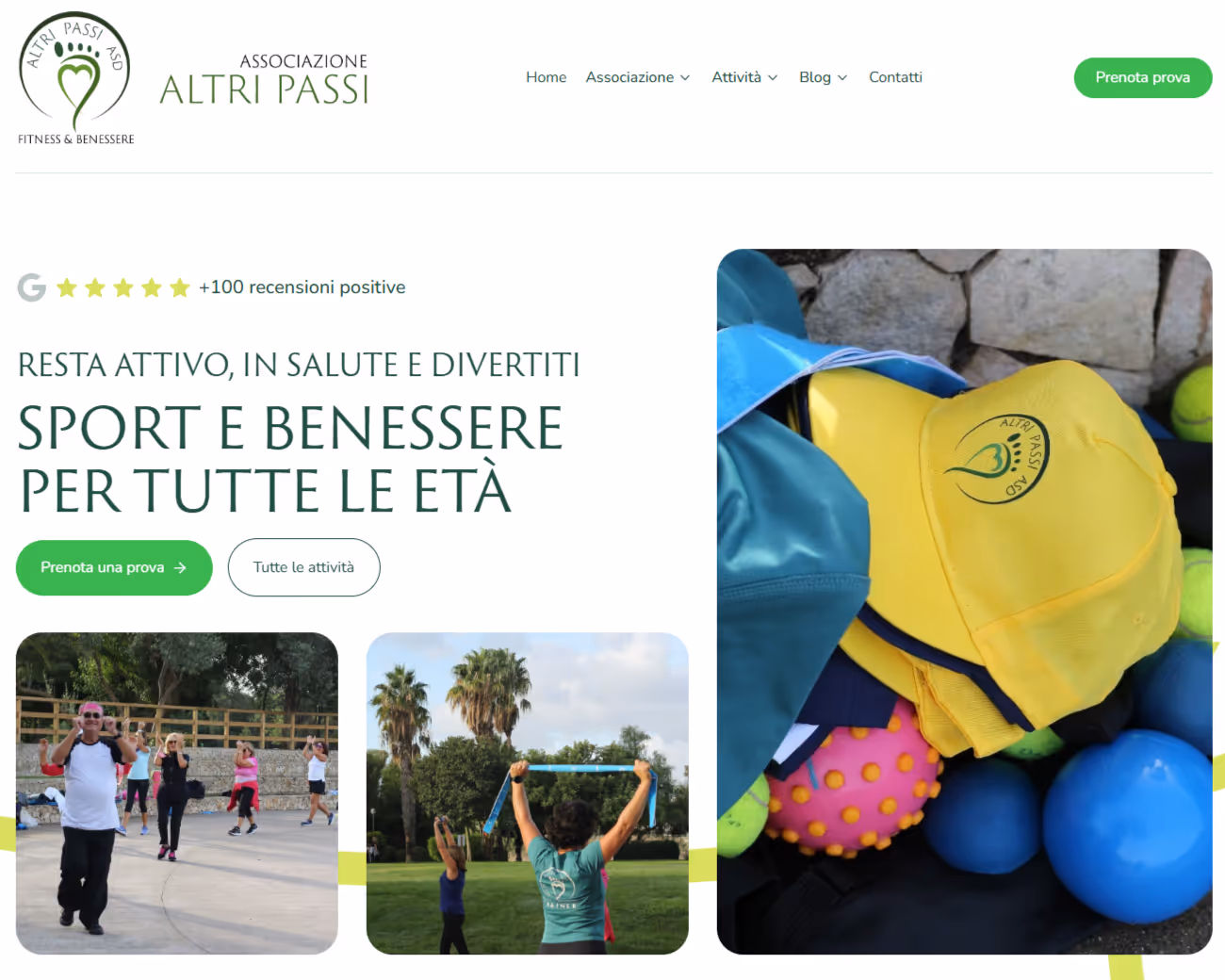 Homepage dell'associazione Altri Passi con logo, voti positivi, slogan sullo sport e benessere per tutte le età, pulsanti di prenotazione e immagini di persone che fanno attività fisica all'aperto.