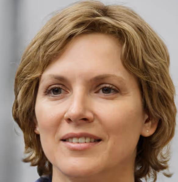 Primo piano di una donna sorridente con capelli corti castano chiaro e occhi marroni.