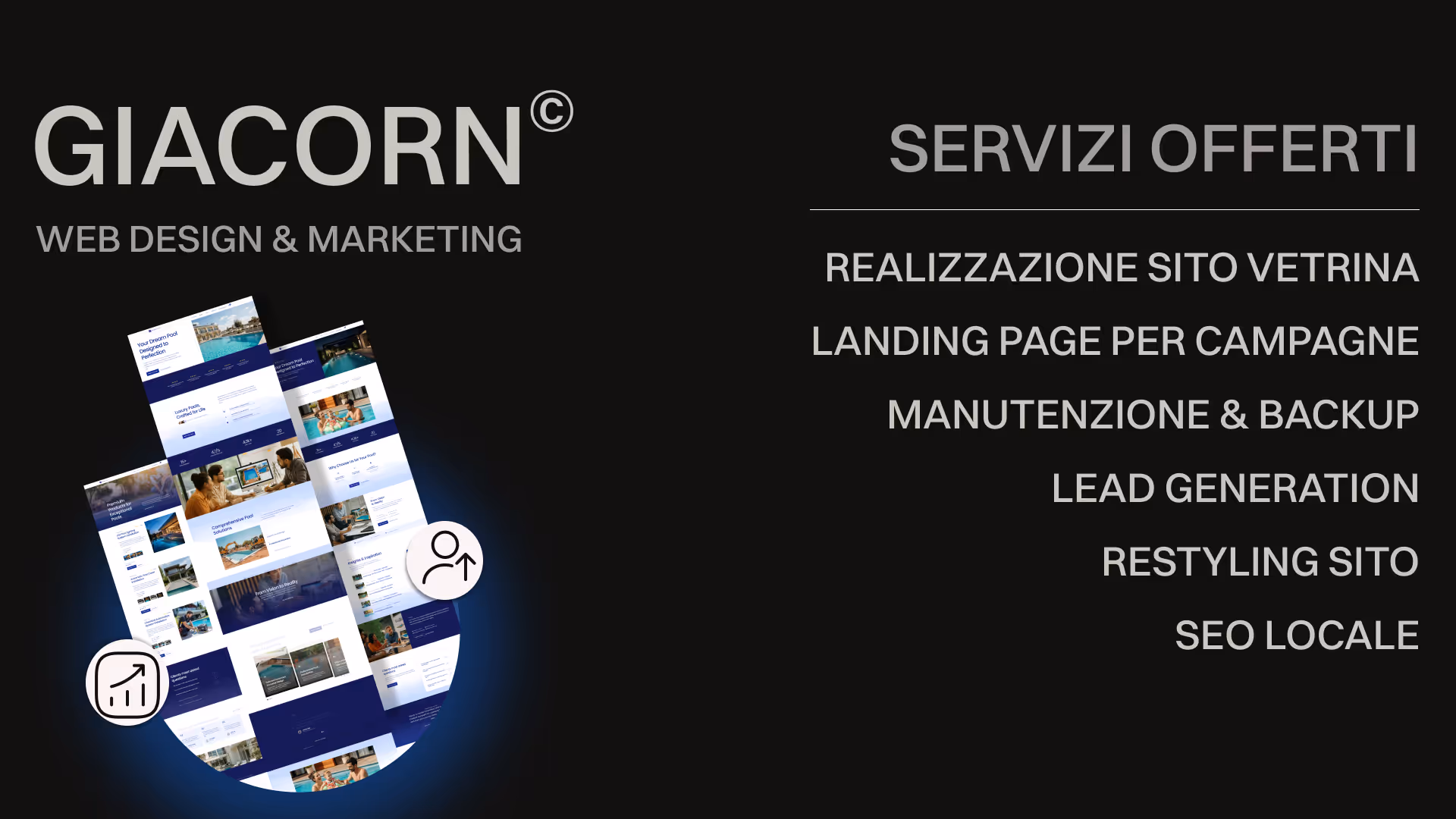 Logo GIACORN con testo Web Design & Marketing a sinistra e lista di servizi offerti a destra su sfondo nero.