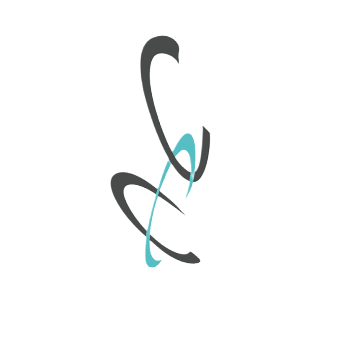 Abstract logo with interlocking curved shapes in black and light blue on transparent background.