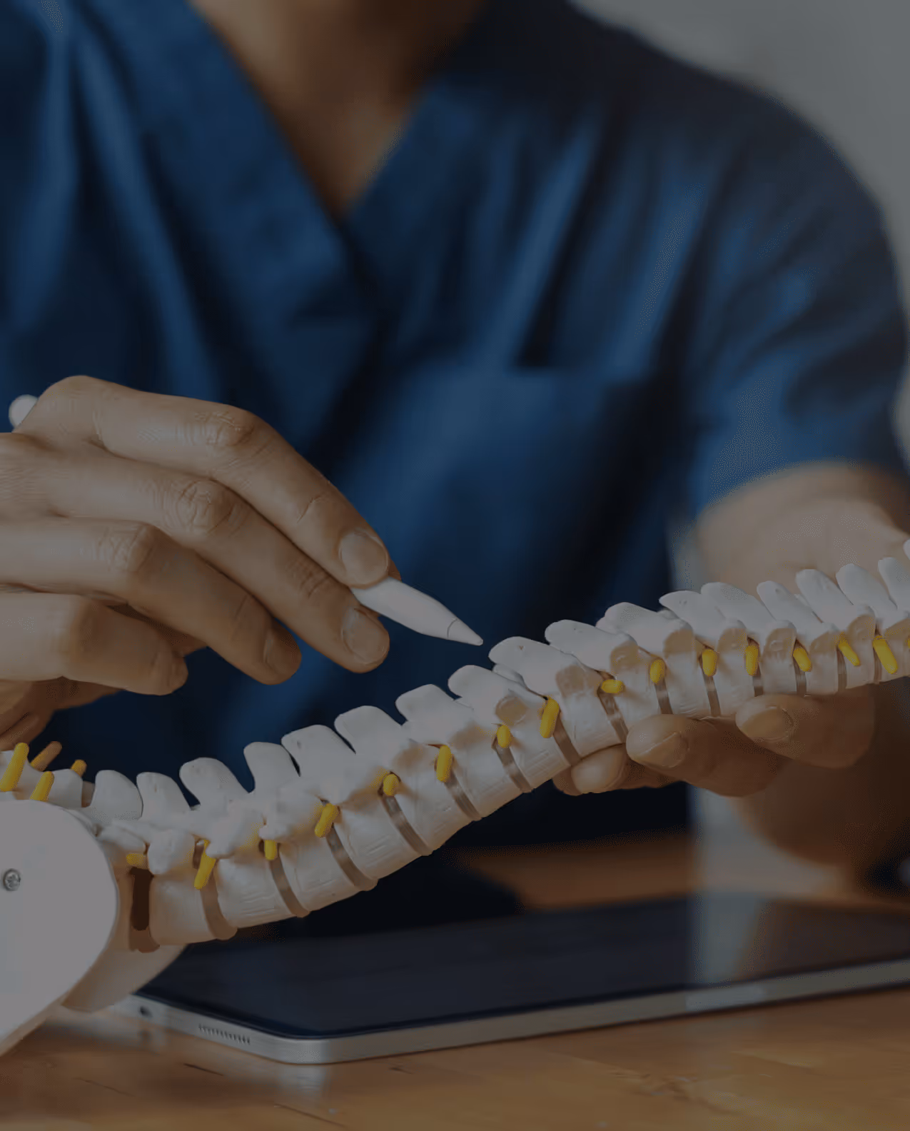 Person in blue scrubs pointing at a model of a human spine with a pen over a tablet on a wooden table.