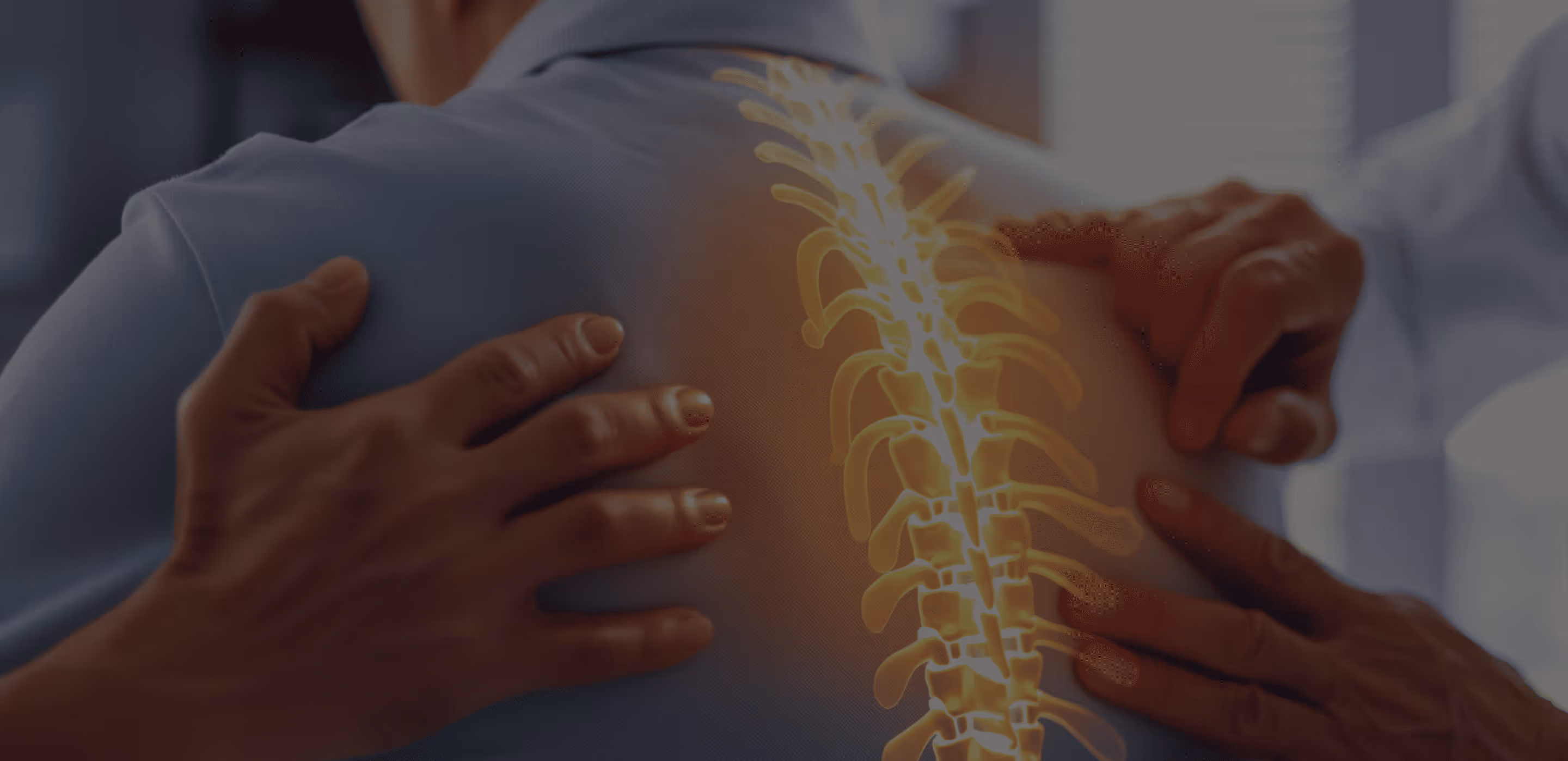 Hands gently touching a person's back with a glowing digital illustration of a spine overlay.