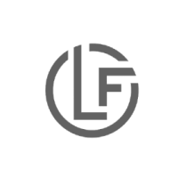 Monogram logo with letters L and F in gray inside a broken circle.