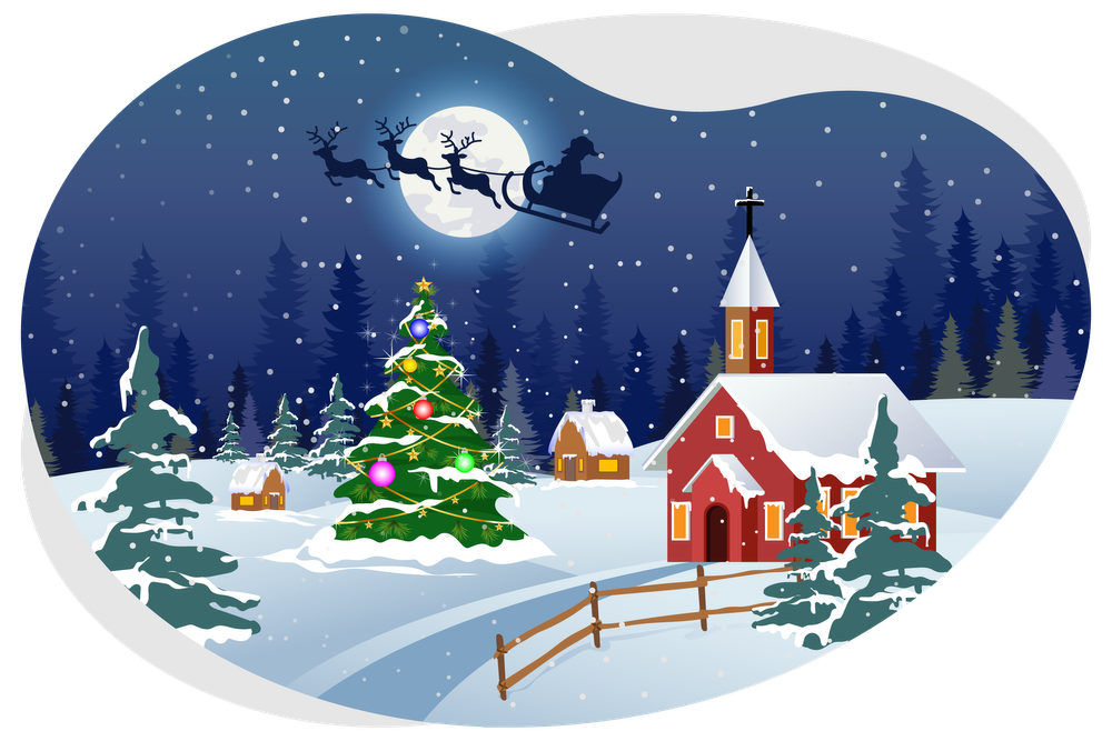 An image of snowy village with reindeer and Christmas trees.