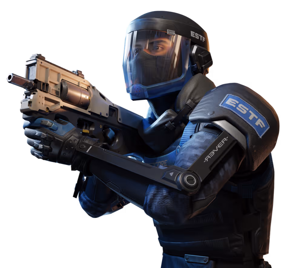Breachers Enforcer soldier wearing helmet and armor aiming a futuristic weapon while holding it with both hands.
