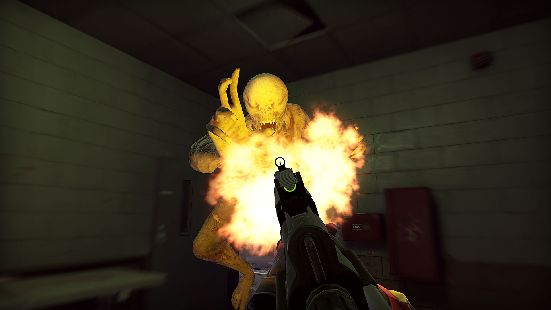 First-person shooter firing a gun at a large yellow monster in a dim room.