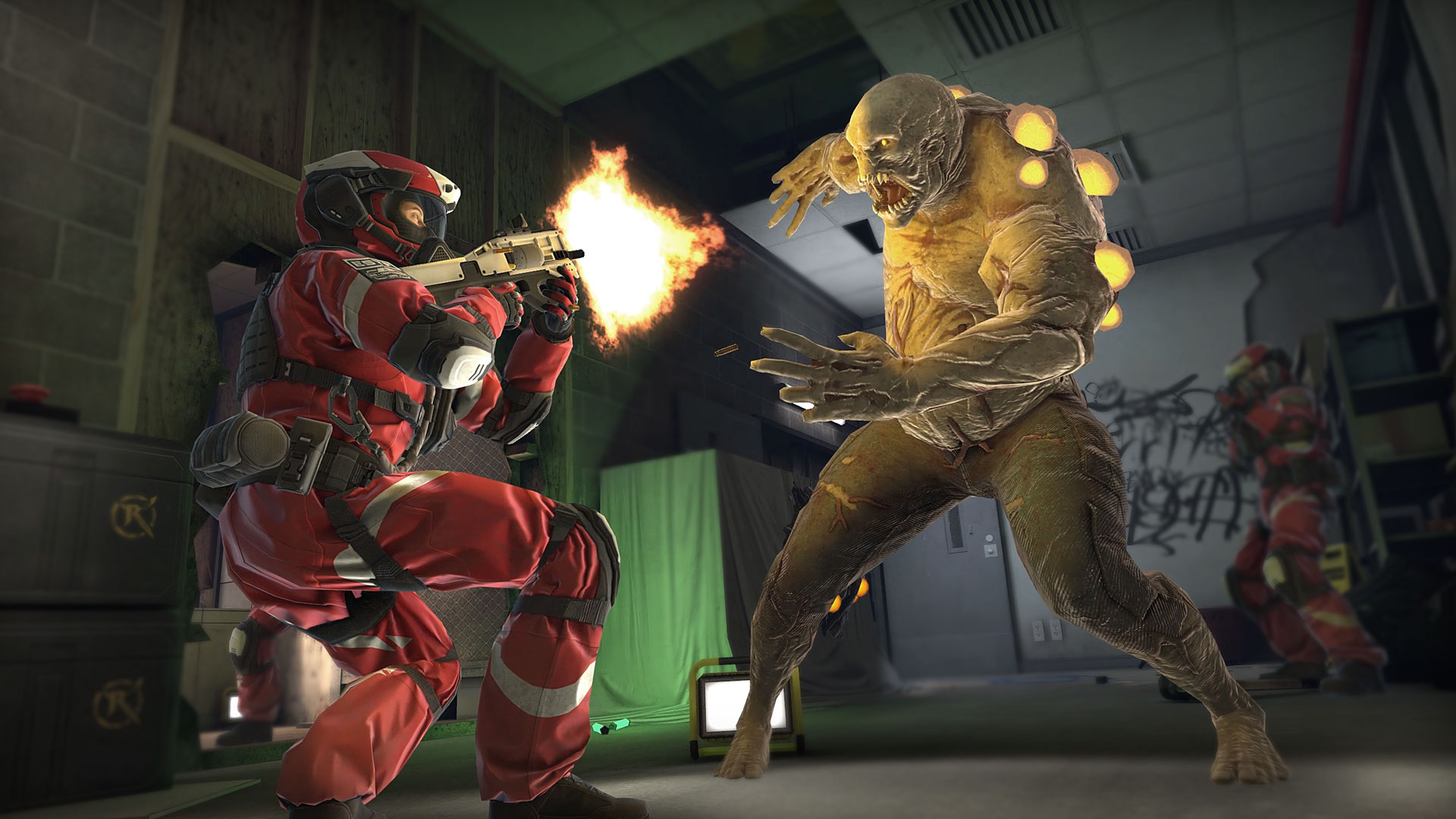 Breachers Outbreak Enforcers in red armor firing a gun at a large monstrous creature inside a dimly lit room.