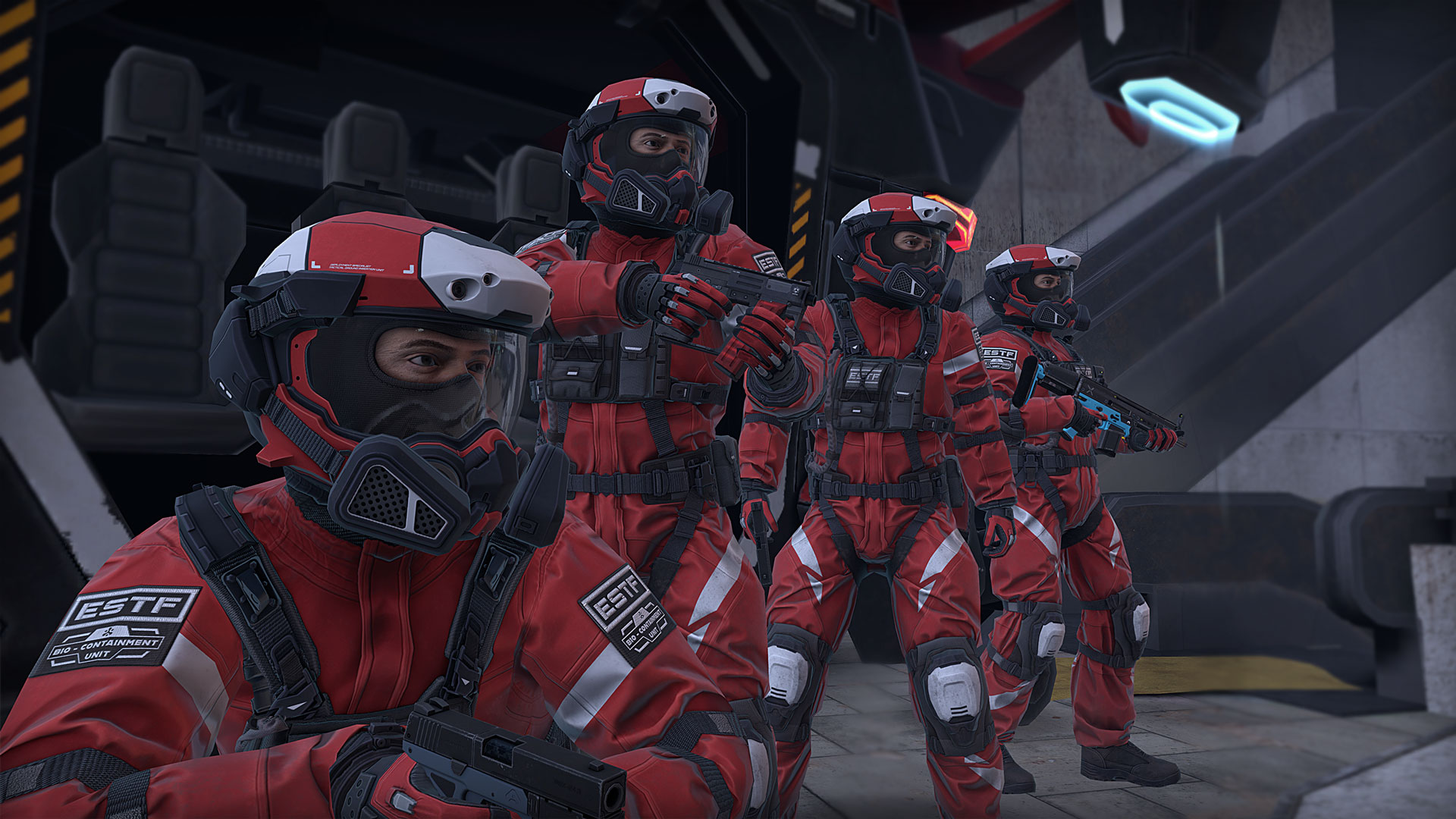 Four Breachers Outbreak Enforcers in red tactical gear and helmets with rifles, standing alert inside a futuristic building.