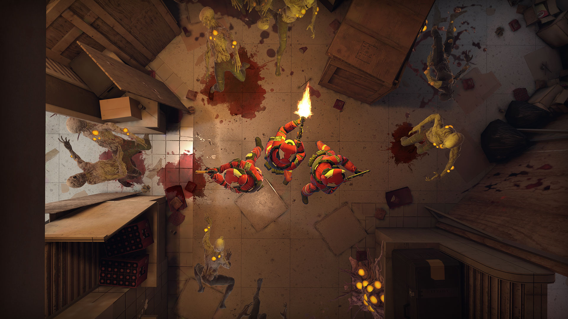 Top-down view of three red-suited Breachers Outbreak Enforcers firing at glowing-eyed zombies in a dim room.