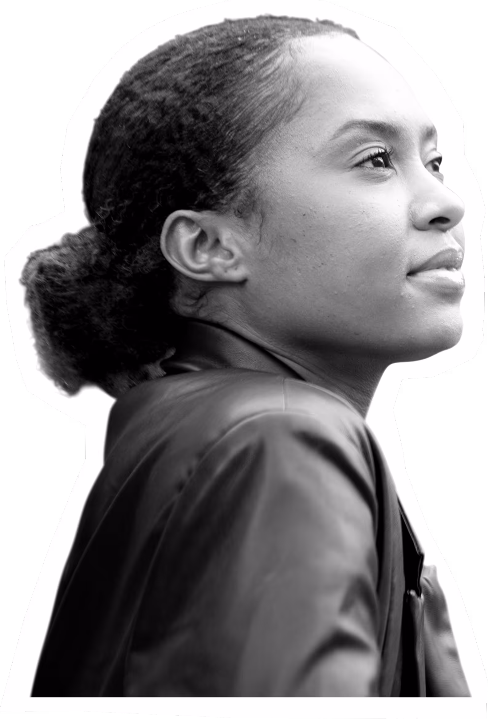 Black and white profile of woman looking thoughtfully to the side