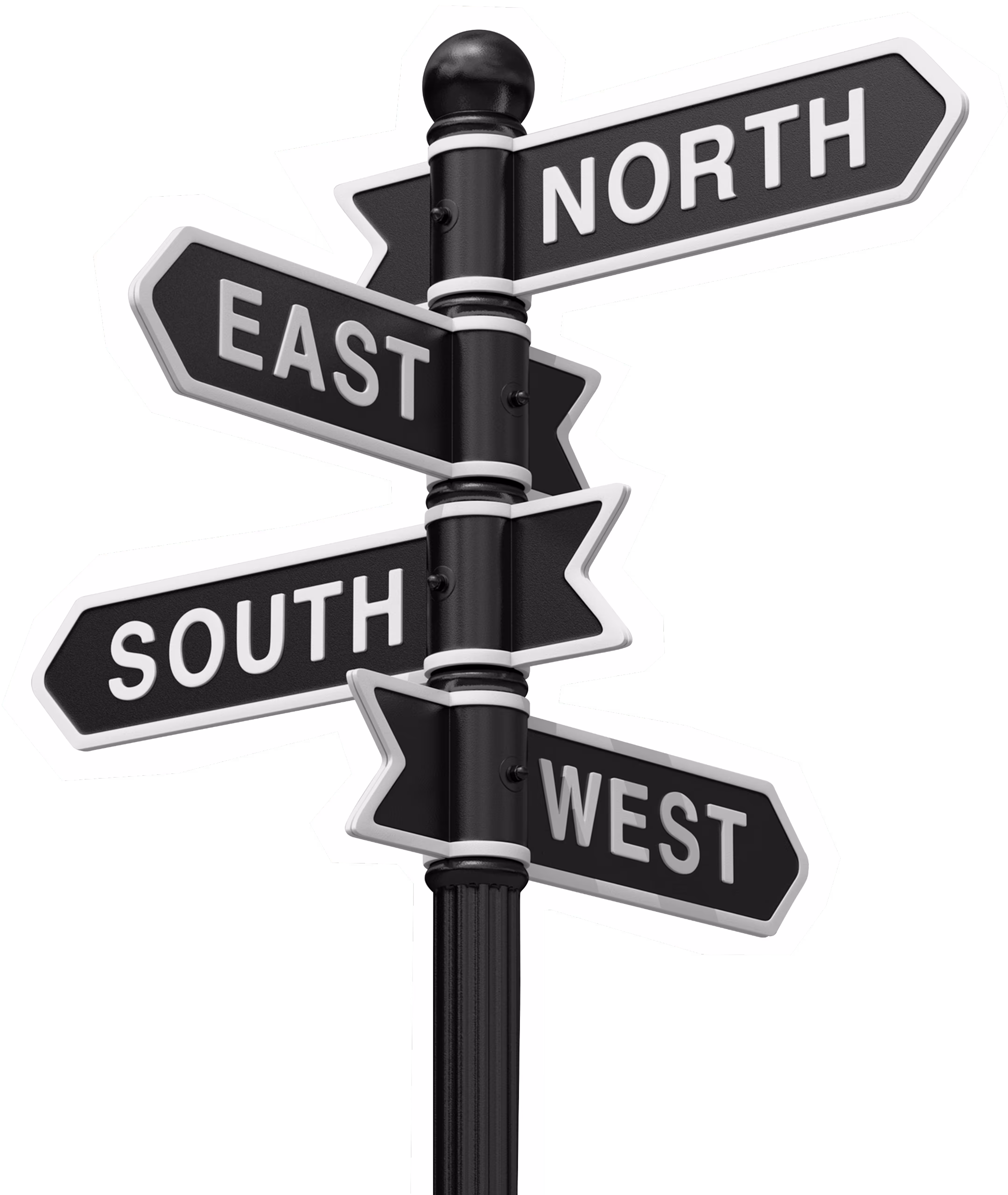 Black and white directional sign pointing to four cardinal directions