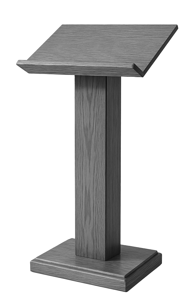 Wooden podium or lectern with angled top, gray wood grain texture