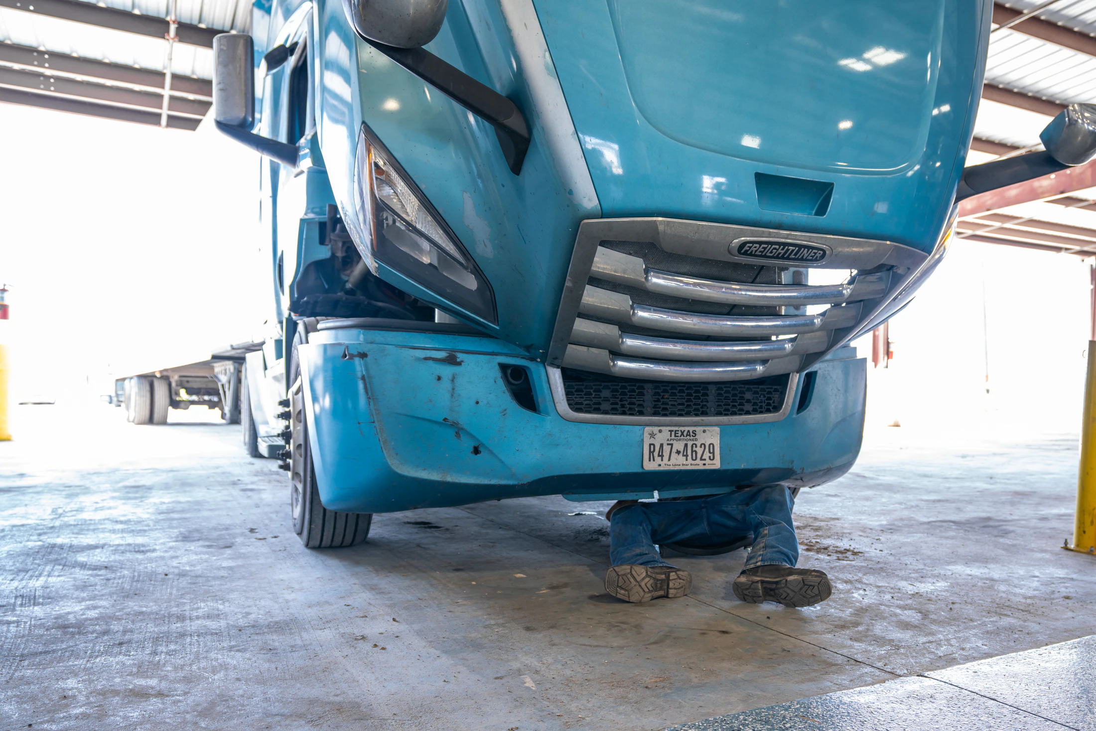Truck with hood open