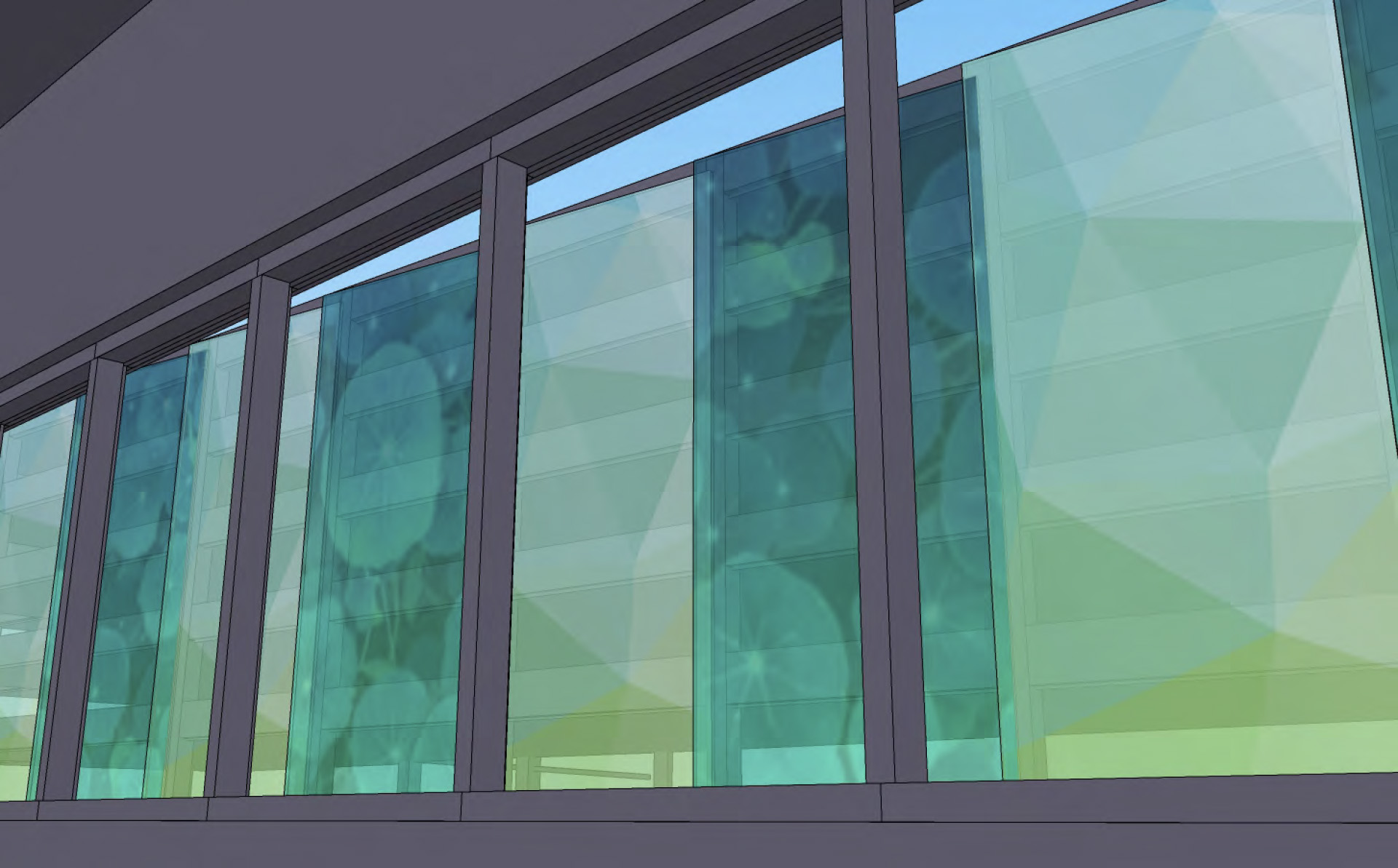 A rendering of a green and blue tensile graphic facade.
