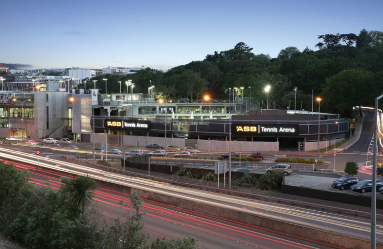 A shot of the ABS Tennis arena's mesh cladding on steel facade.