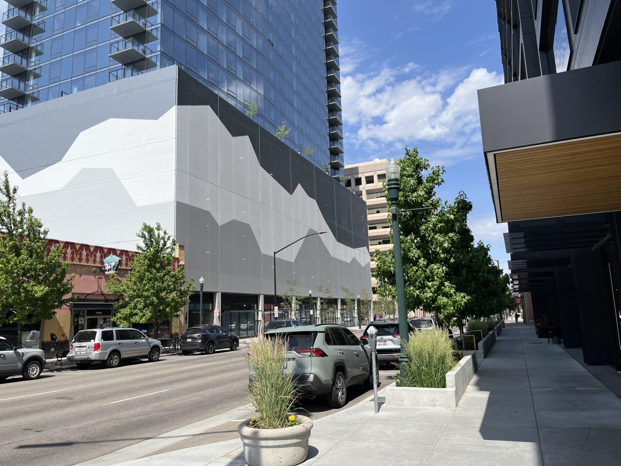 A shot of the tensile facade from down the street.