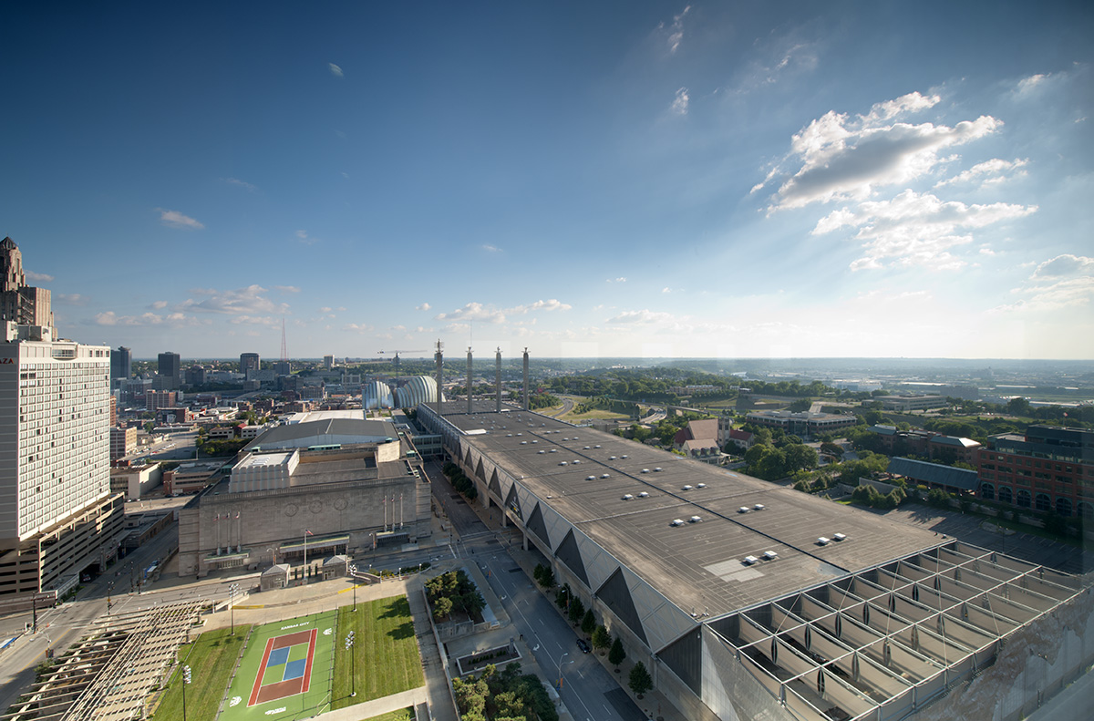 A birds-eye-view from the outside of the structure showing what the facade looks like from the air.