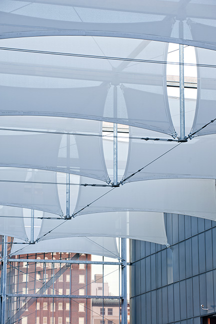 A close up image of the facade panels and how they are lined up and attached together.