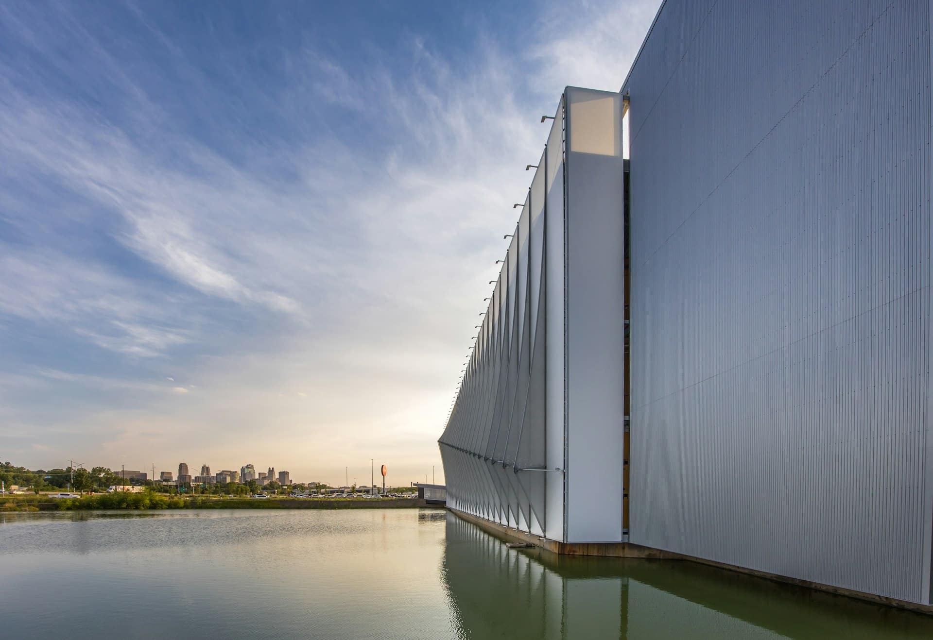 A view of the back of the facade showing the effect that the tiered fin facade provides.