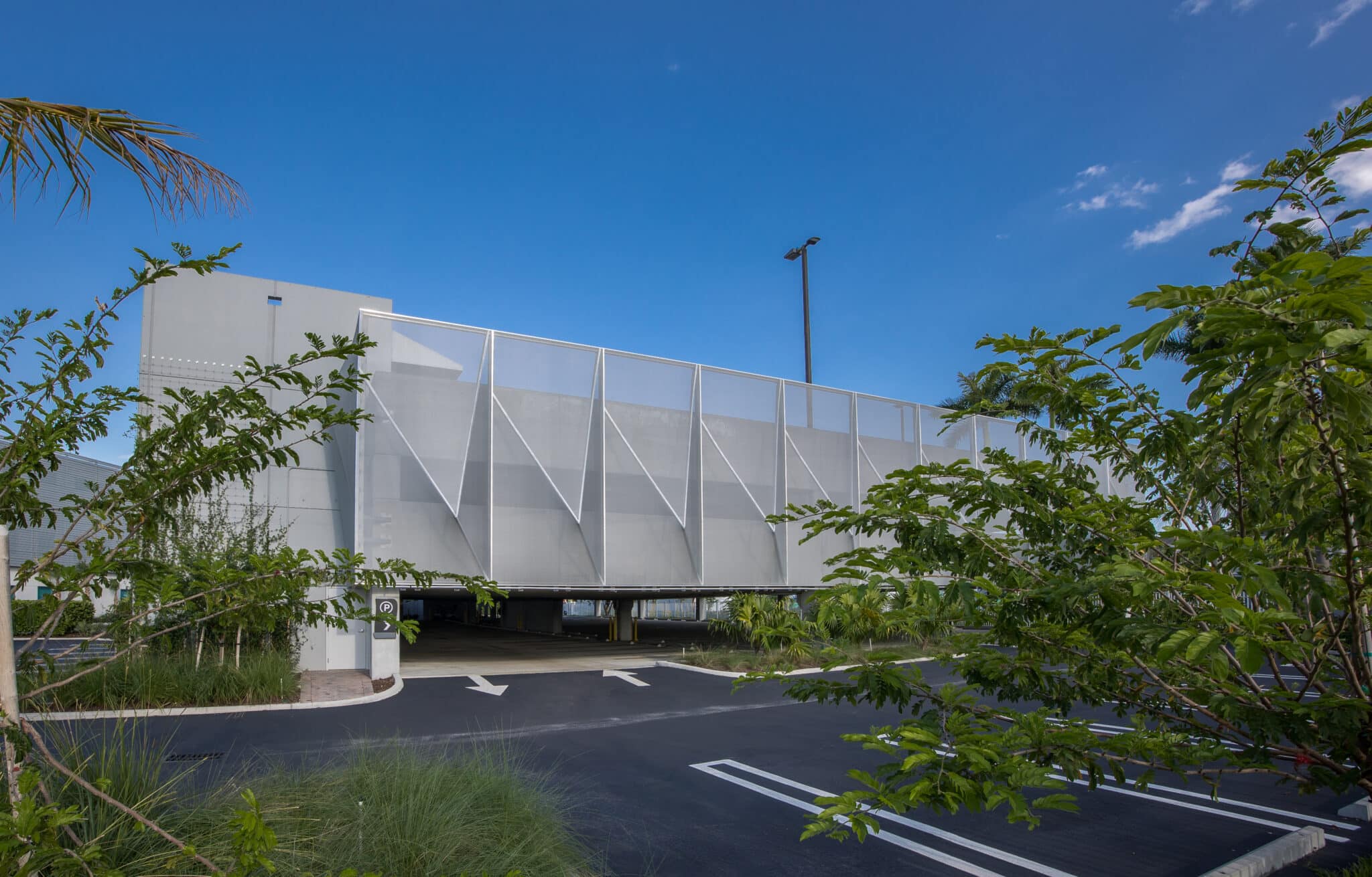 View of the parking structure behind trees.