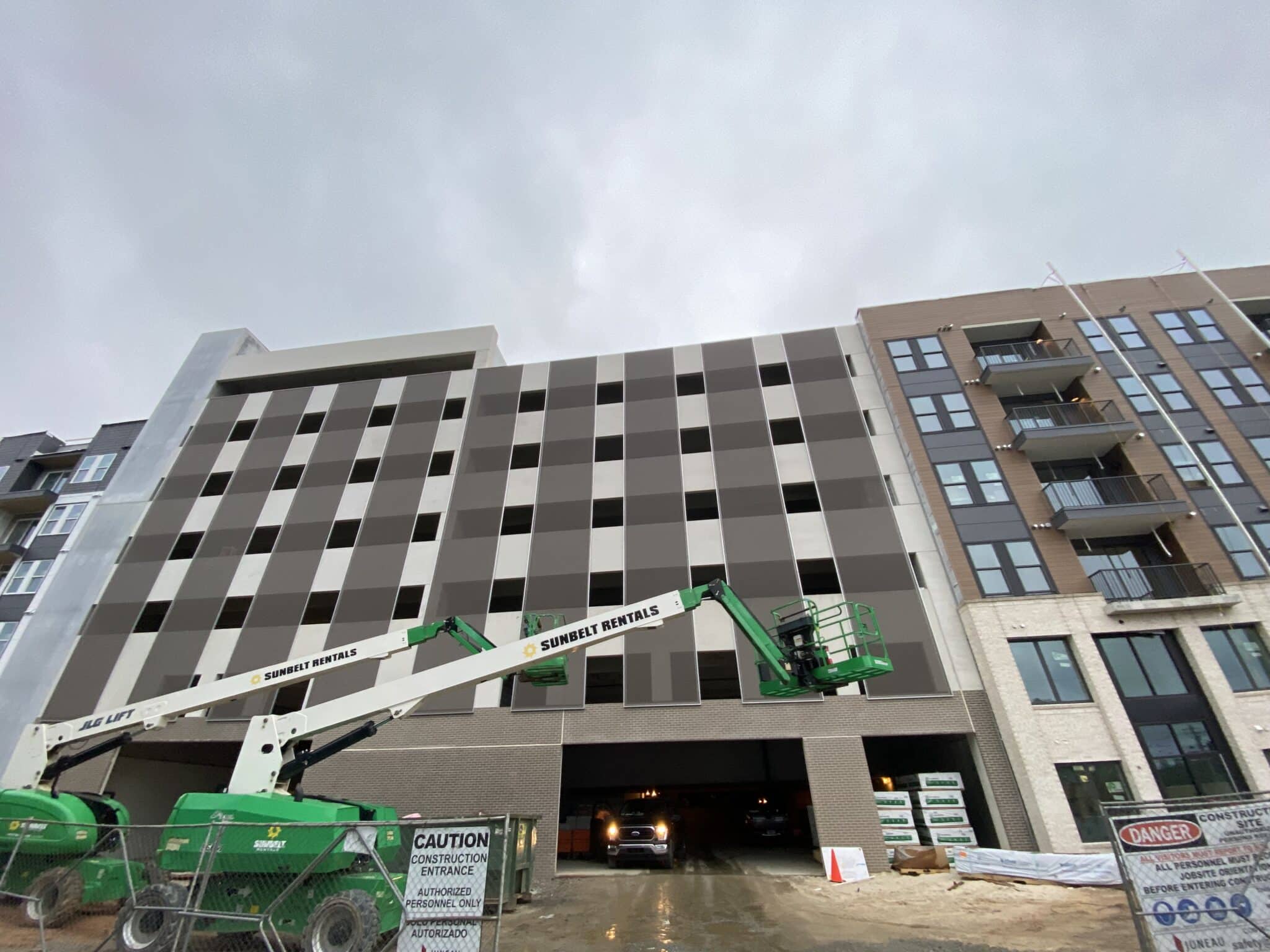 A wide view of the facade from across the street.