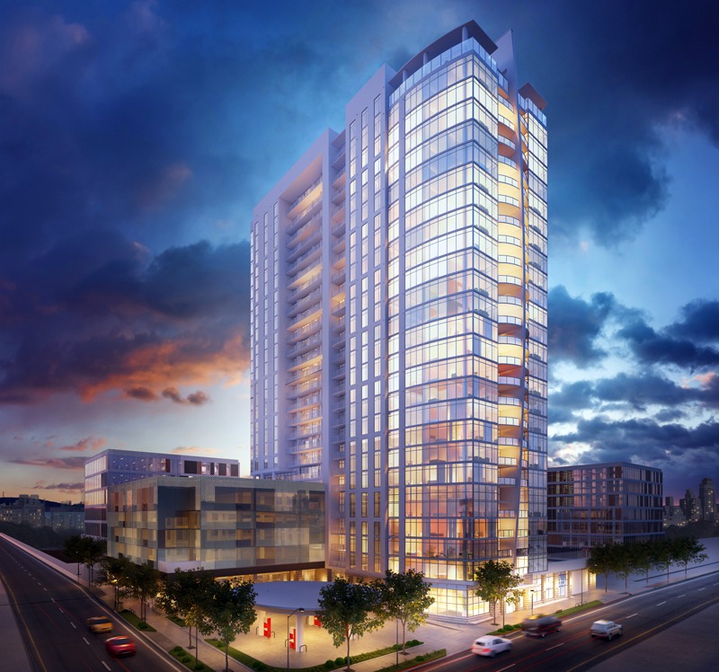 A rendering of the facade up against the entire building.