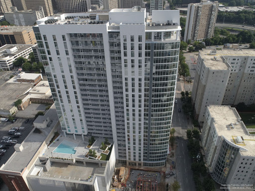 A view of the building with the facade at the bottom.