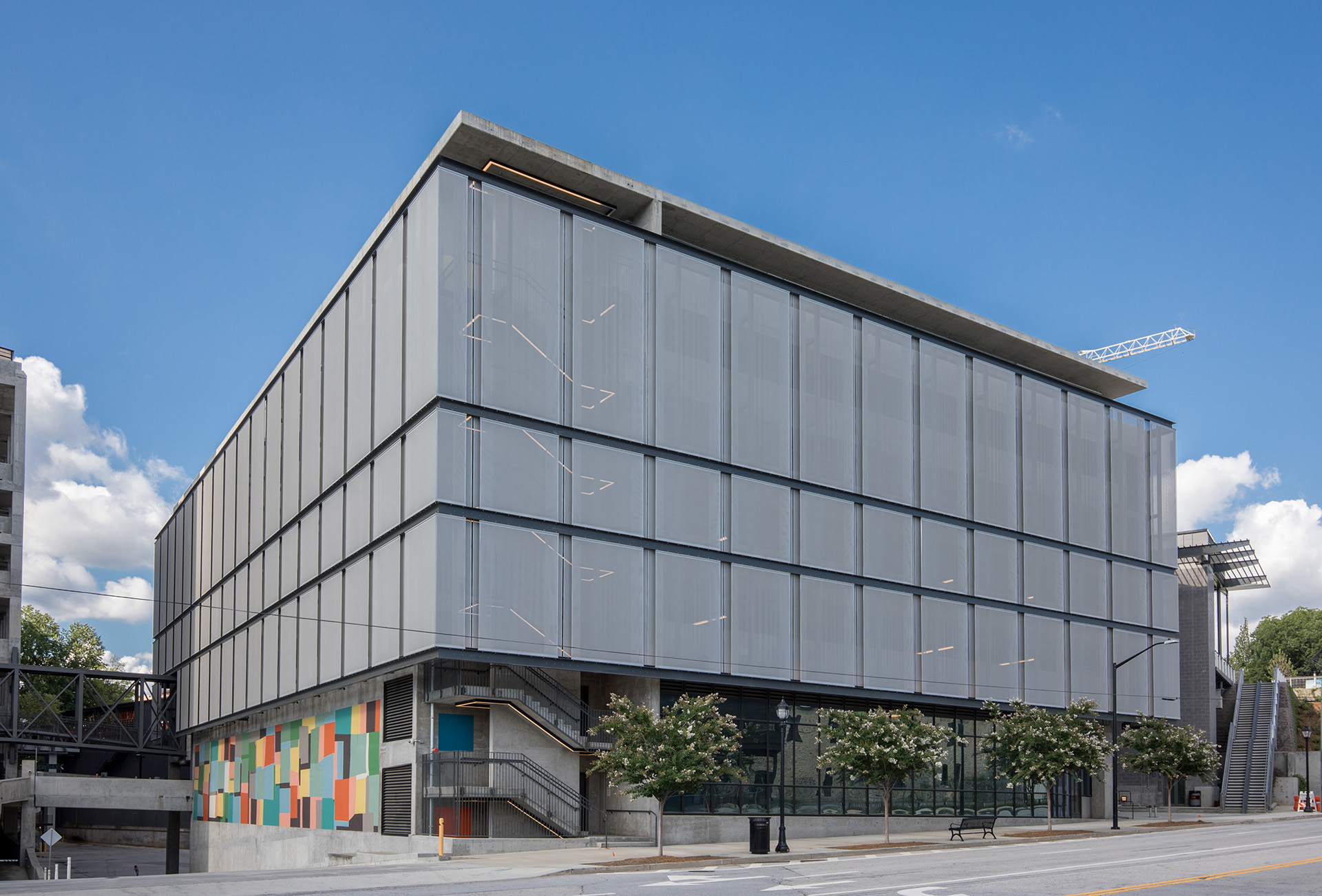 A view of the coated PES metal alternative facade from across the street.