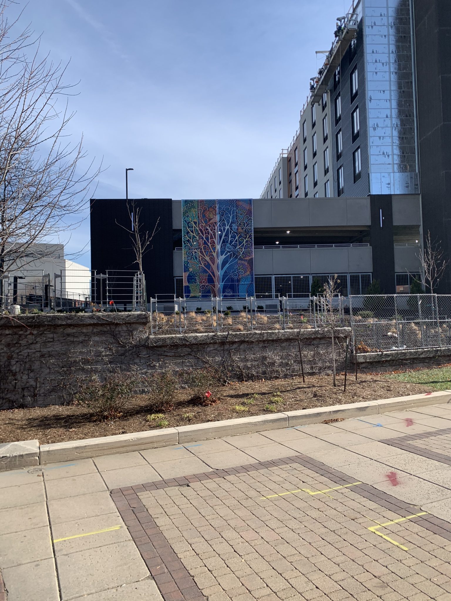 A far back view of the facade.