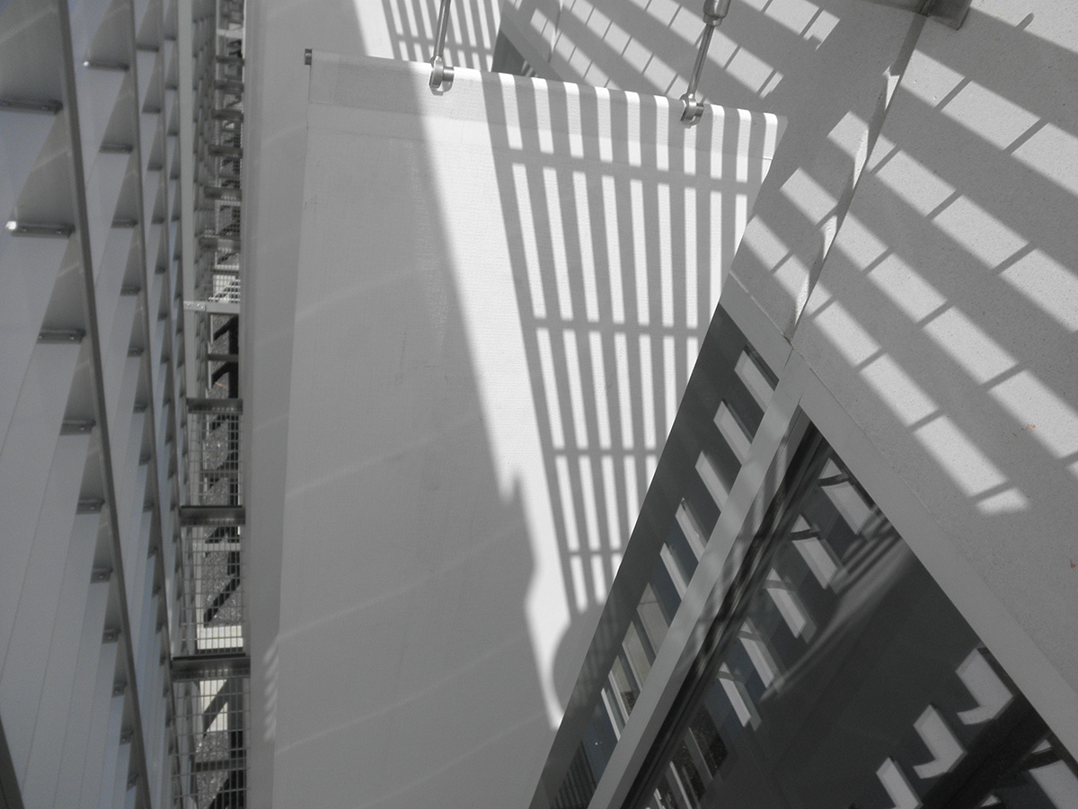 A view of the vertical panels behind the facade.