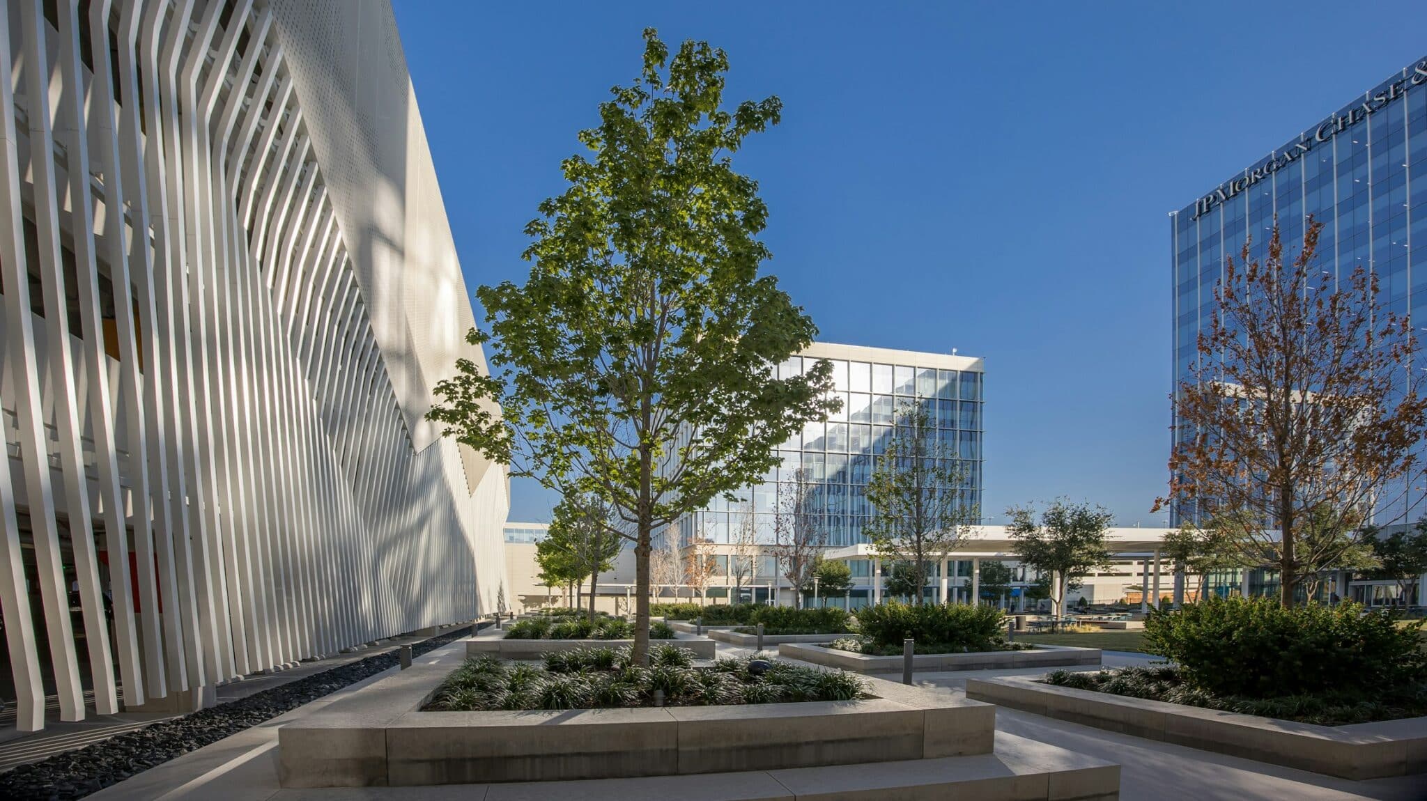 A shot of the facade as it blends in with the surrounding courtyard.