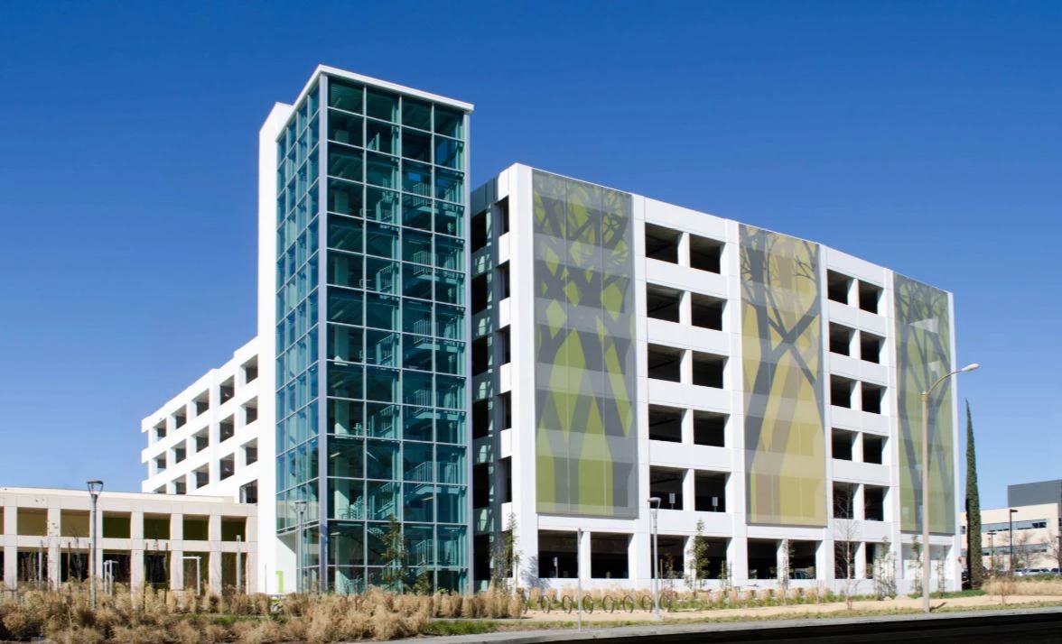 A wide view shot of the three facades on the structure.