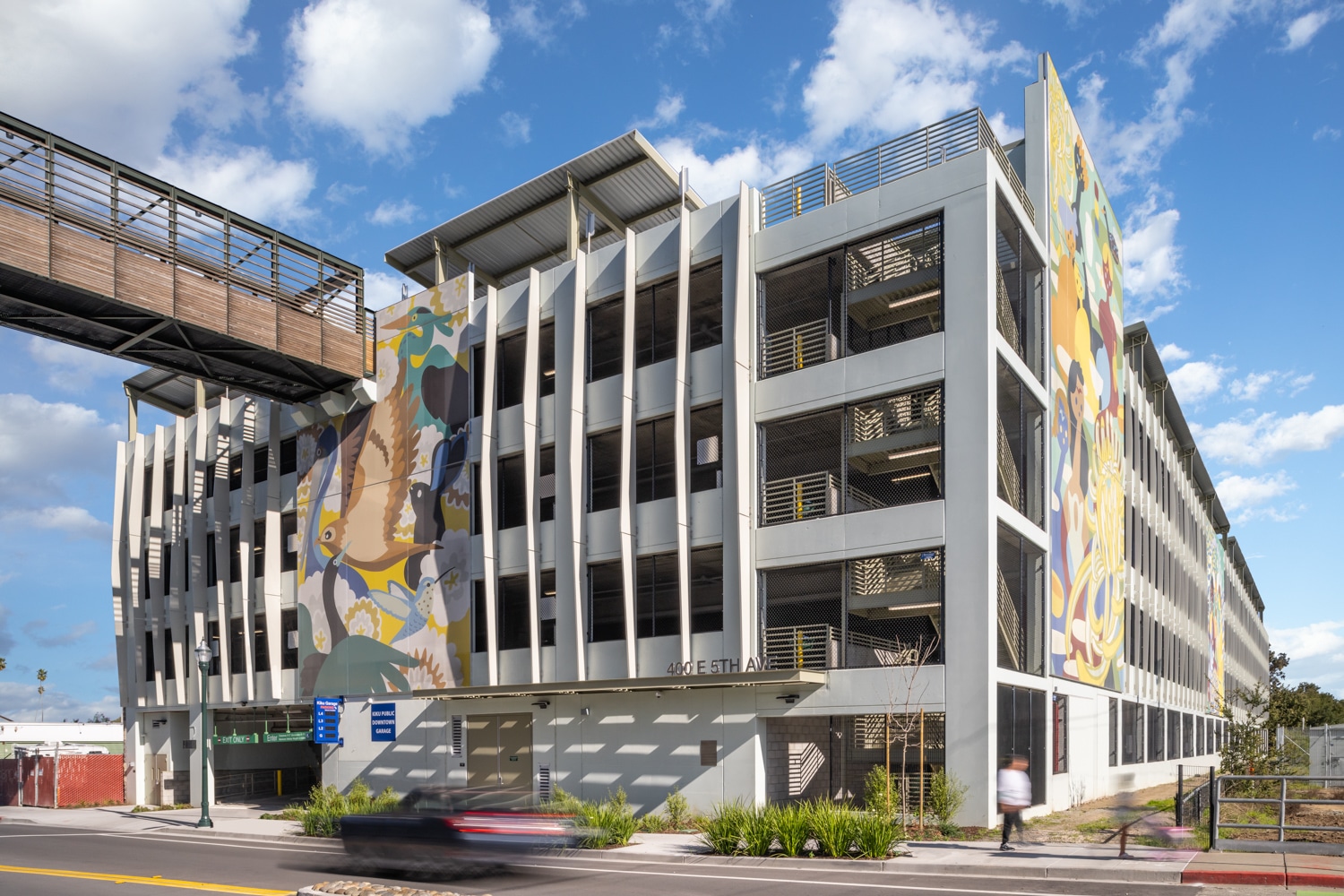 An artistic facade featuring a flock of birds.