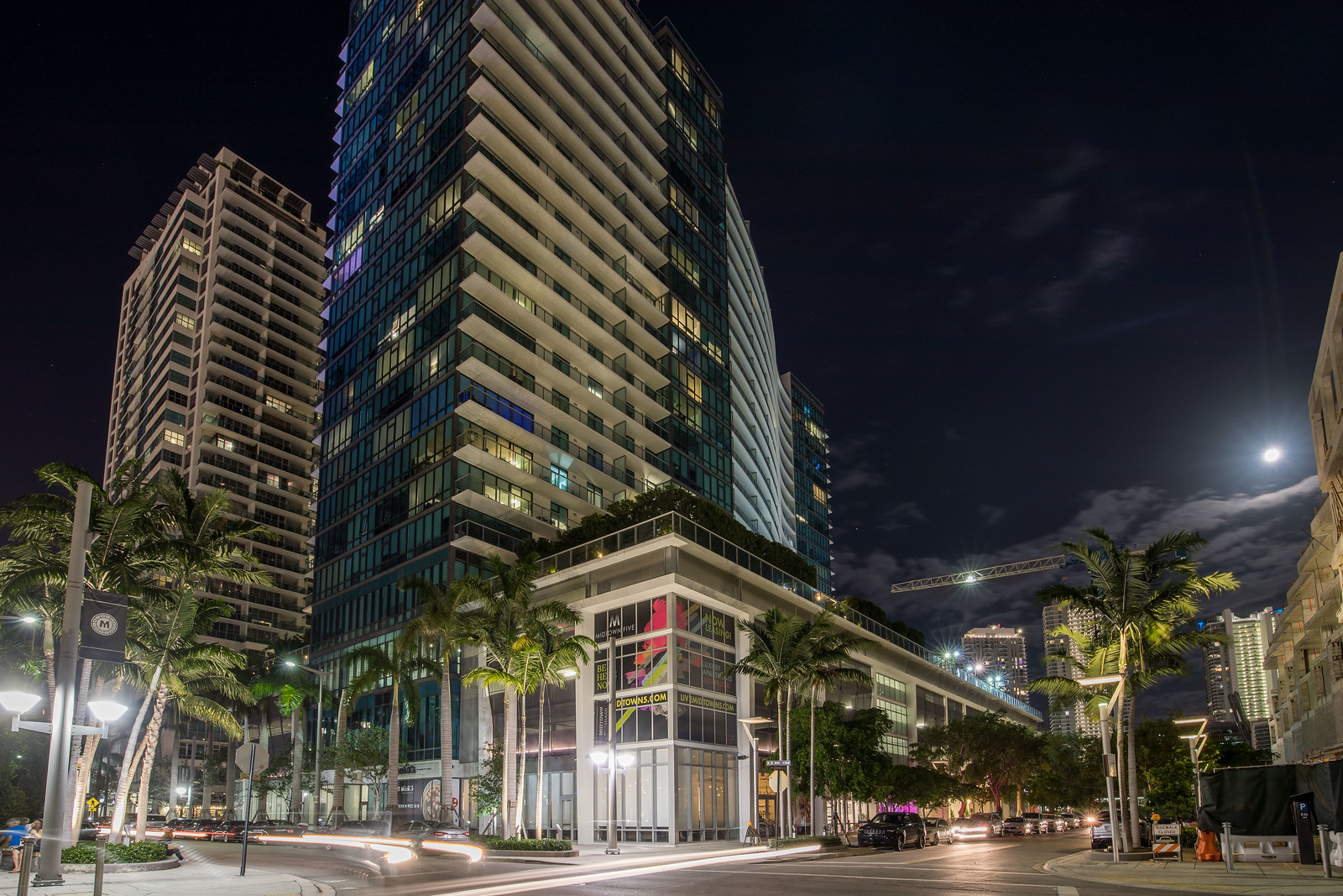 A view of the facade at night.
