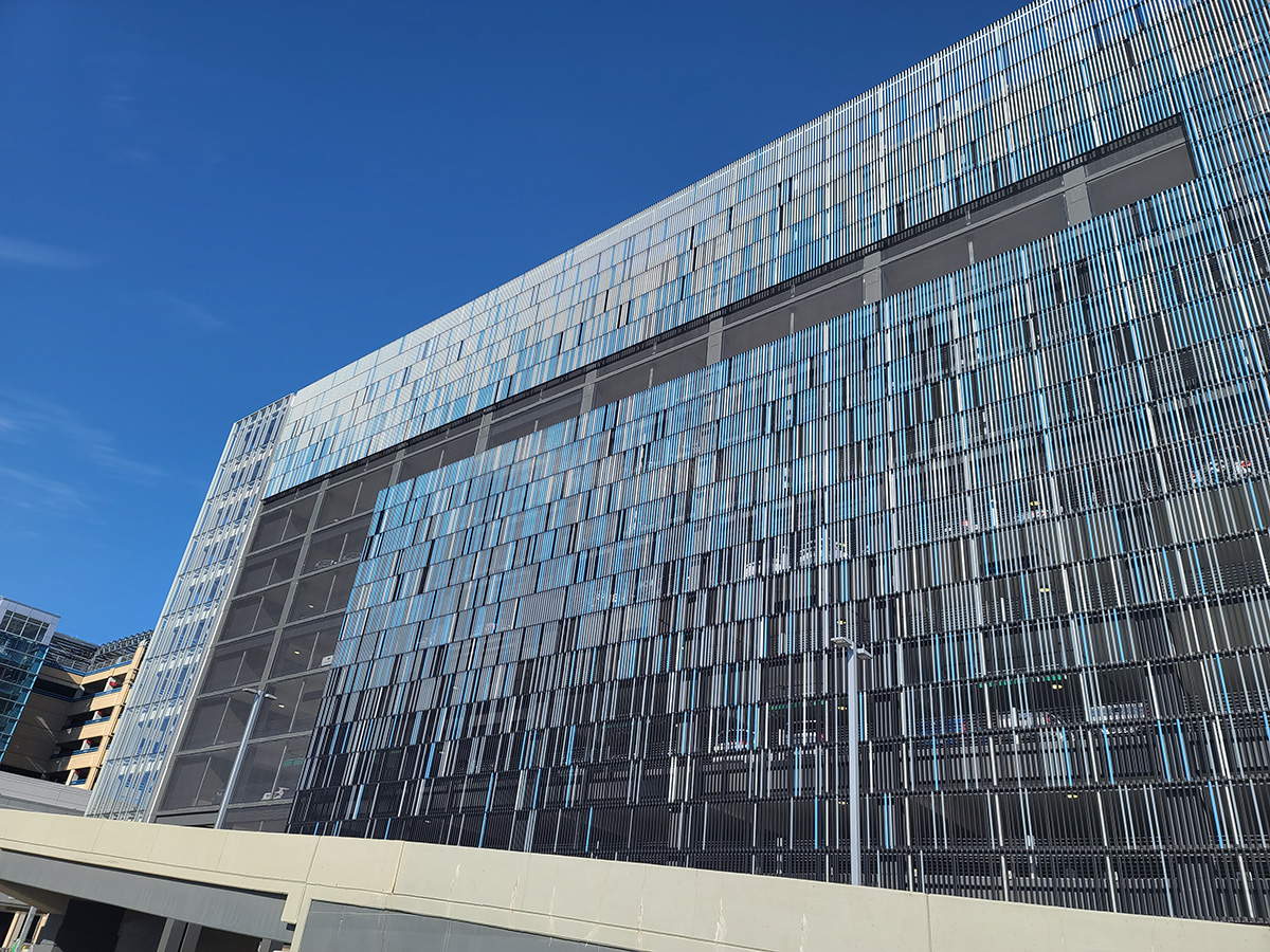 A close up view of one of the breaks in the facade.