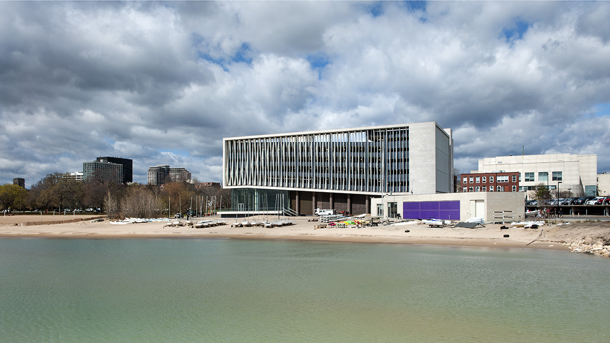 A view of the building sitting right next to the water.