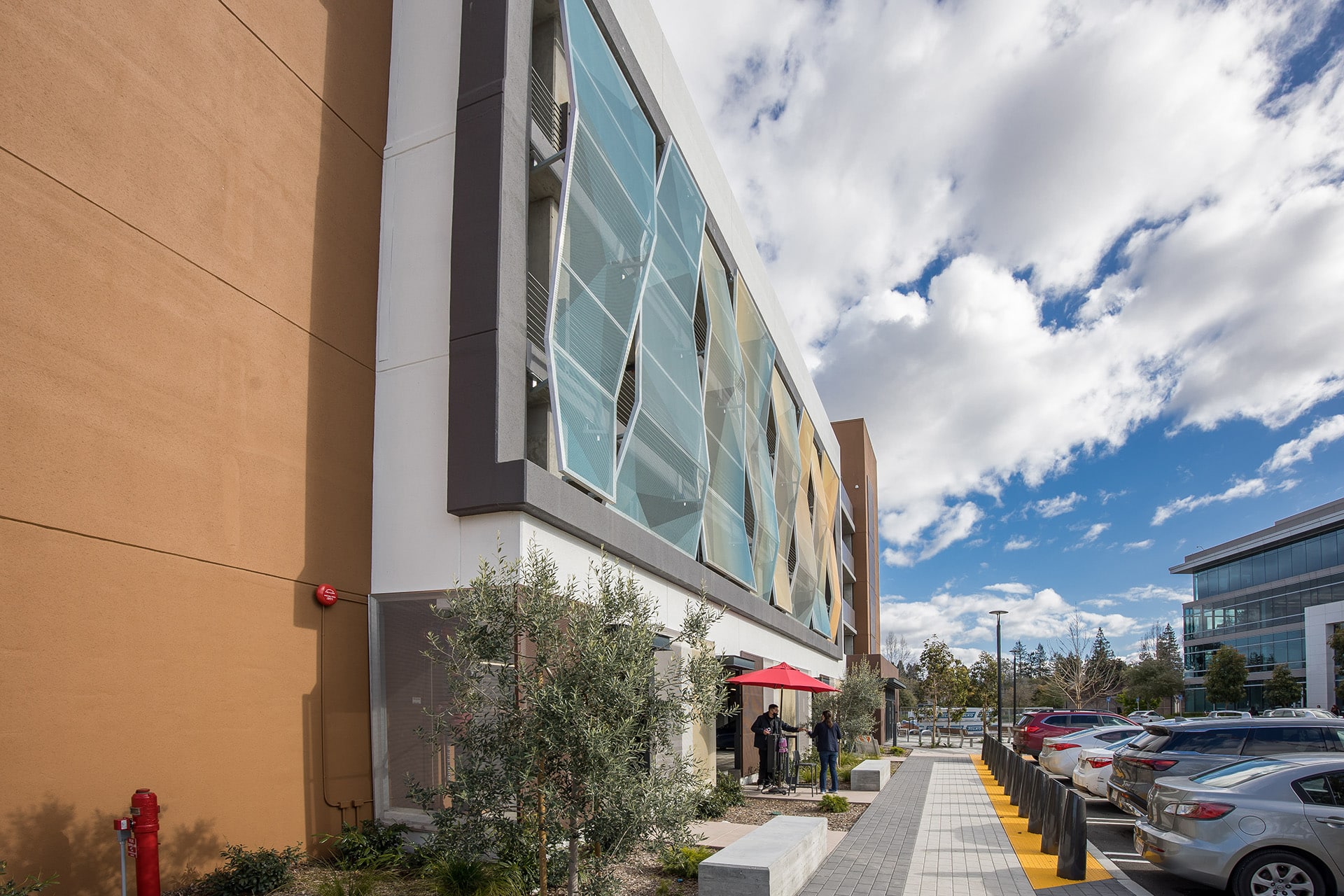A view of the facade from the side showing that it convex's a tiny amount.