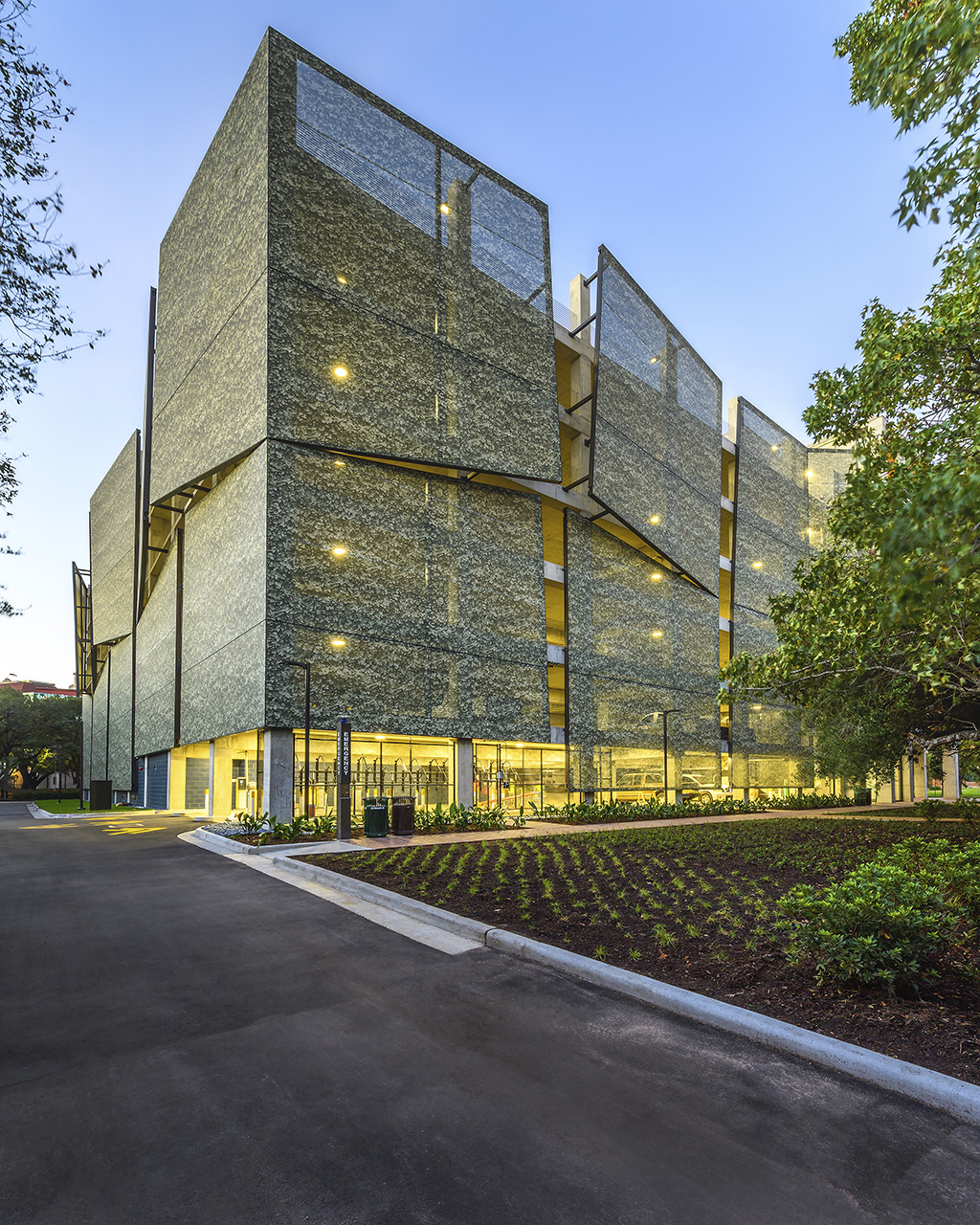 A corner view of the structure showing the 3D facade on multiple sides.